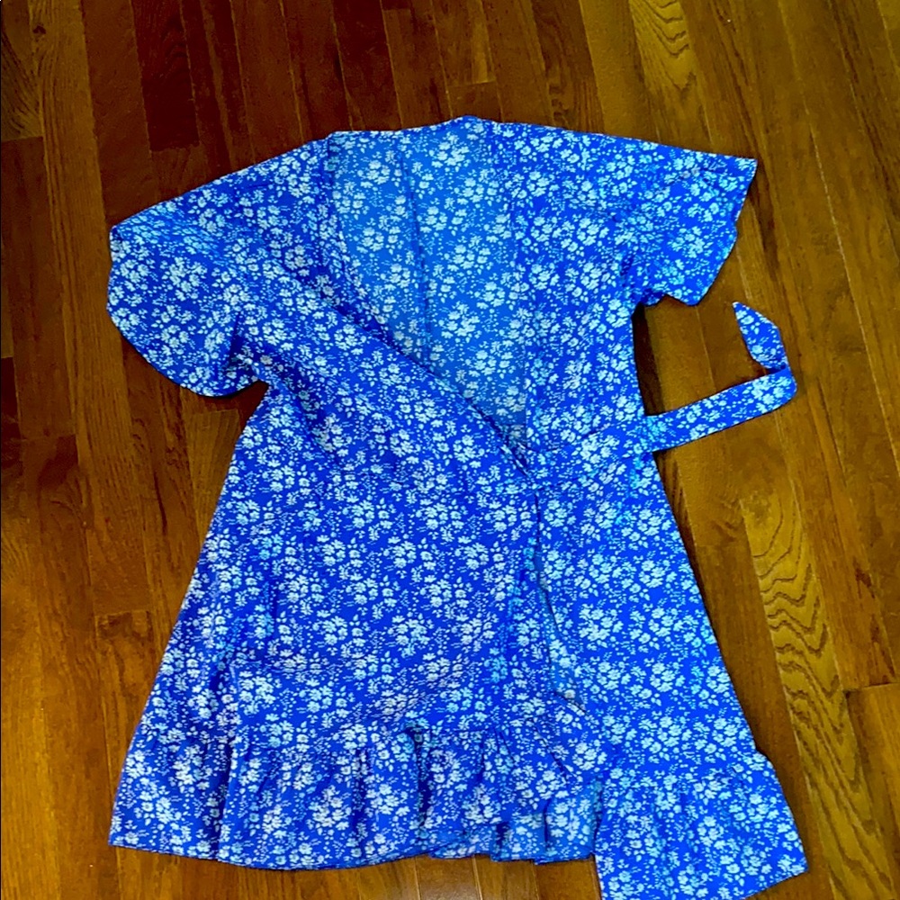 Floral Blue Wrap Around Dress With Tie